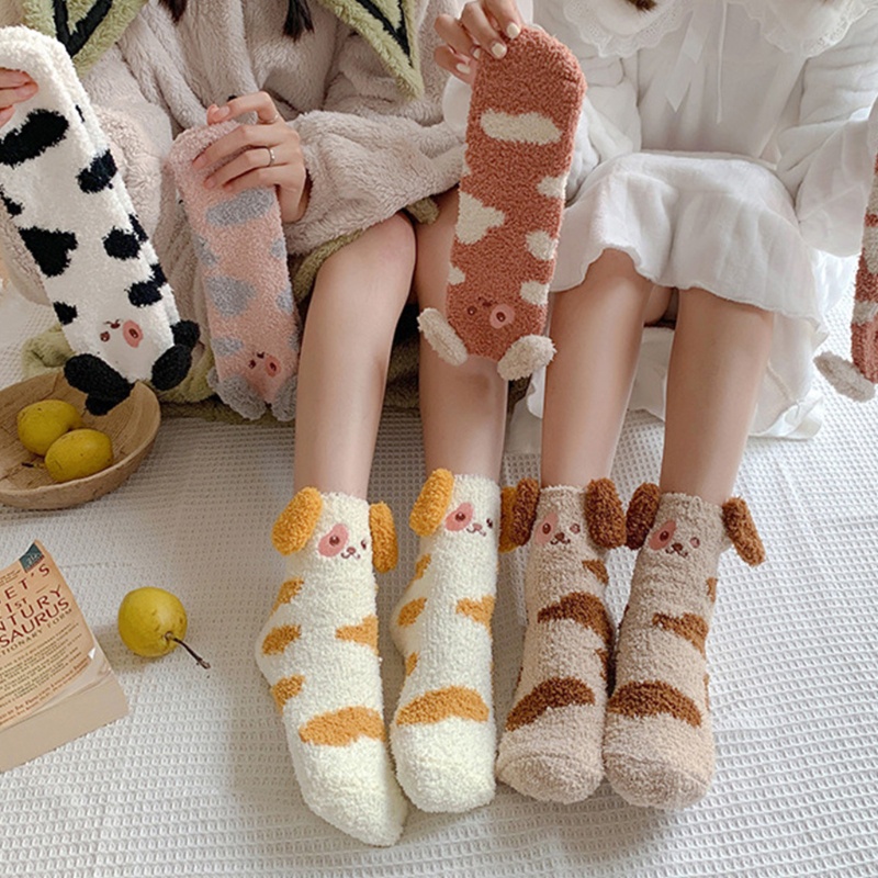 Youyo Vớ Nhung San Hô Mềm Mịn Thêu Hình Chú Chó Hoạt Hình Giữ Ấm Chân Khi Ngủ Mùa Đông Cho Nữ