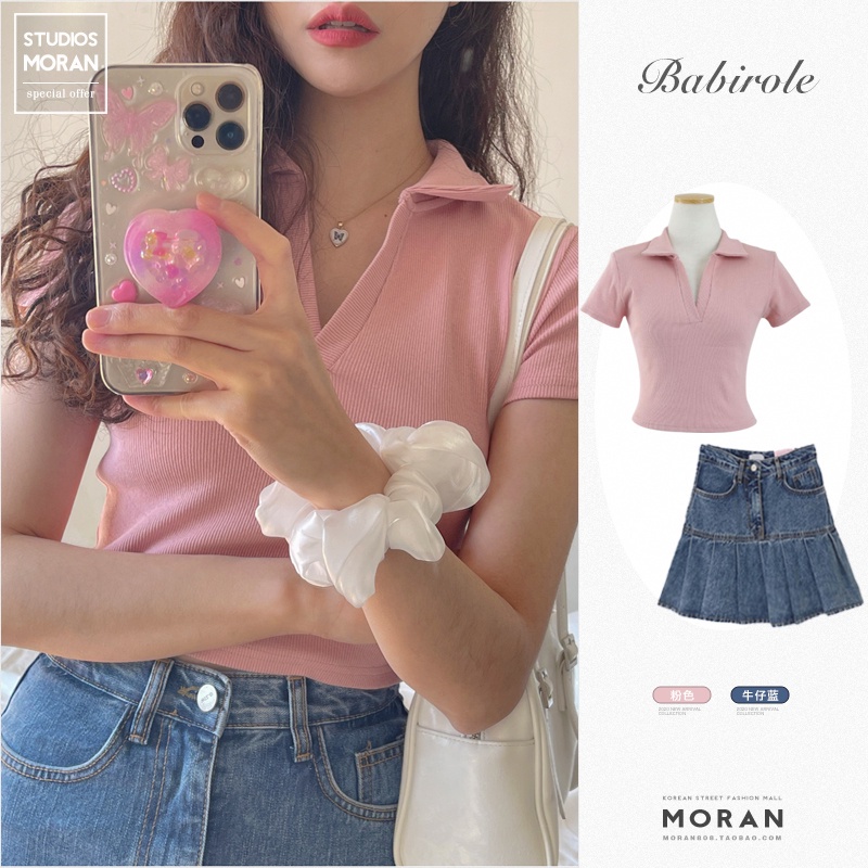 Solid color shirt, high-waist denim lace skirt, female bag hip pleated skirt, women's knitted sweater short-sleeved top, summer Korean version