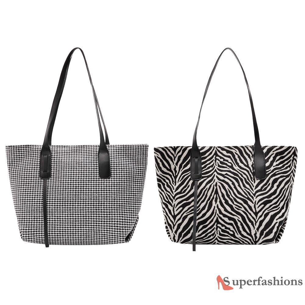 【Hot Sale】Retro Plaid Zebra Top-handle Bag Women Casual Canvas Shoulder Totes Clutch