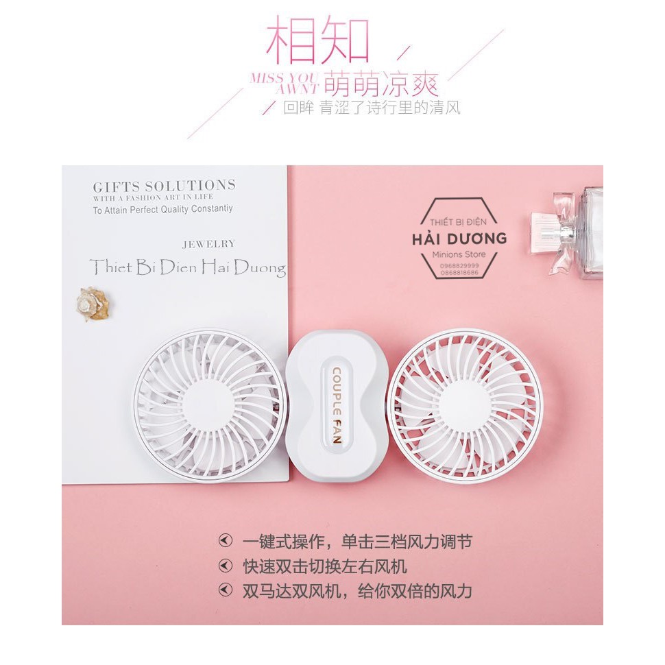 Quạt cầm tay mini Couple Fan sạc tích điện 3 cấp độ gió TN133 - kèm chân để bàn - Siêu mát - 2 Lồng quạt ( Có Video)