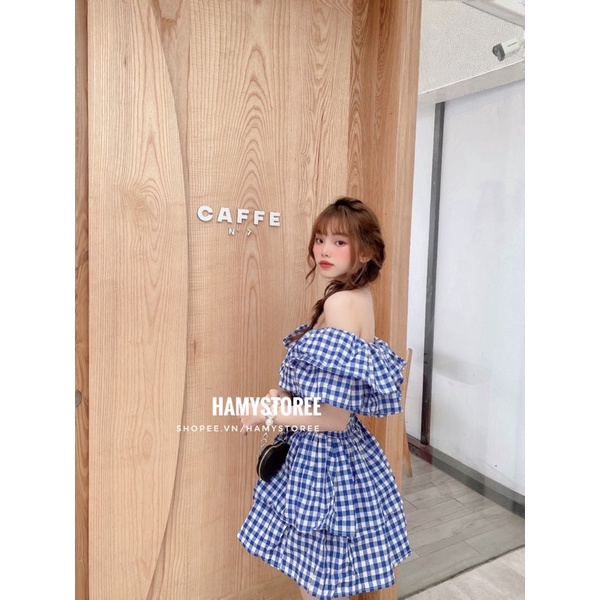 CARO OFF DRESS - ĐẦM CARO TRỄ VAI XẾP BÈO