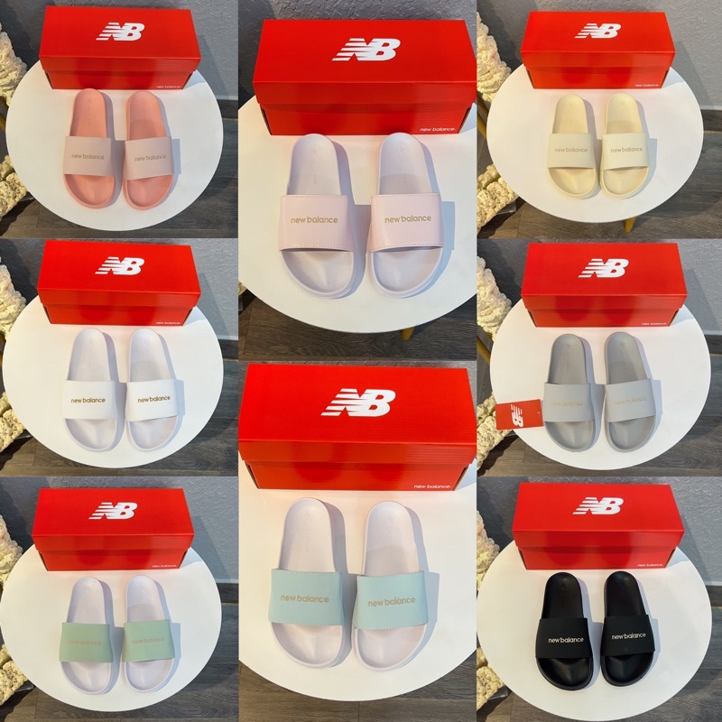 Dép NewBalance Black & Green & White & Blue logo thêu