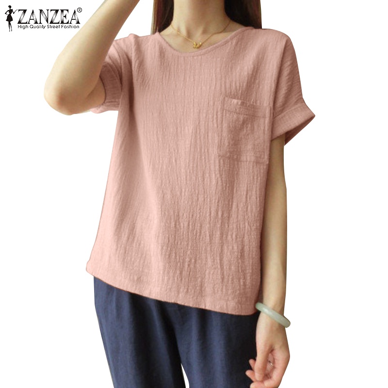 Áo Zanzea tay ngắn màu trơn có túi trước thời trang dành cho nữ