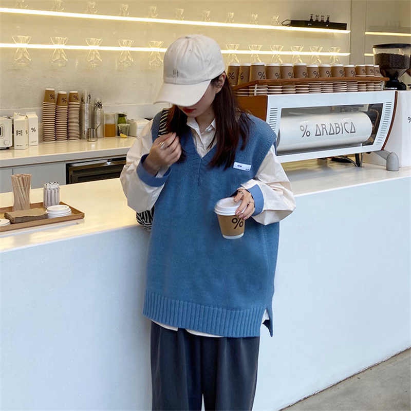 Áo sweater không tay cổ chữ V dáng rộng năng động thời trang phong cách Nhật Hàn