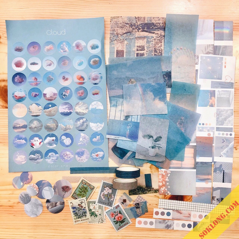 Trọn bộ trang trí Bullet journal Blue gồm sticker, washi tape tông xanh dương Luv107