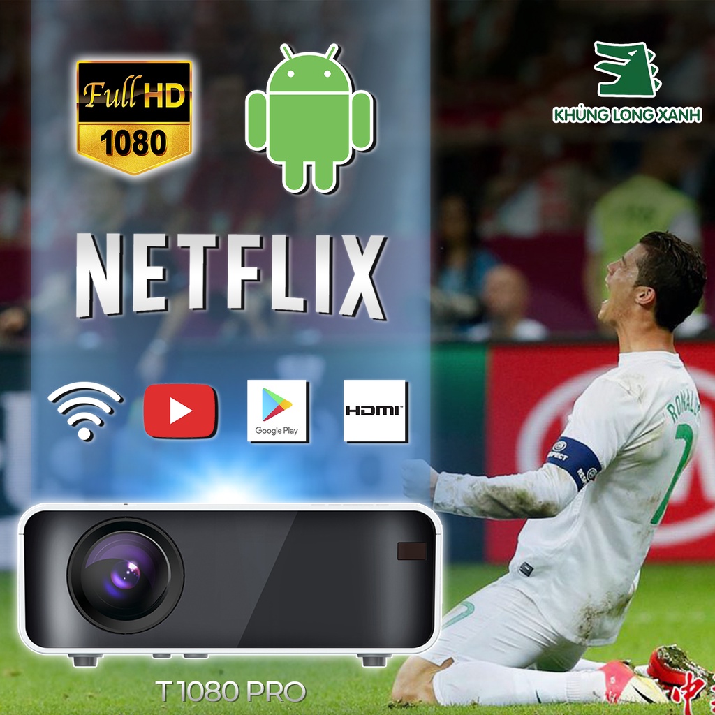 Máy chiếu KHỦNG LONG XANH T1080Pro Anroid,Youtube,Netflix, trợ hd+ ,kết nối latop,hdmi,  tivibox, đt...