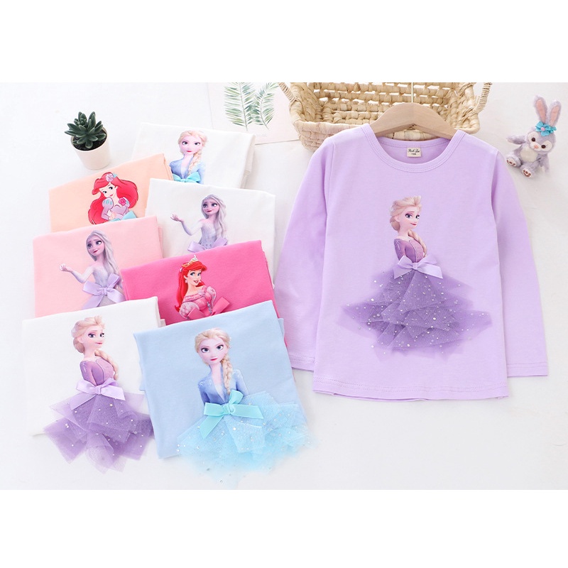 Áo Thun Tay Dài Phối Ren Công Chúa Disney 3D Thời Trang Chất Lượng Cao Cho Bé Gái 2-8 Tuổi