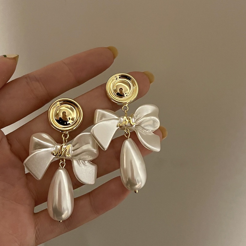 Bông Tai Hình Nơ Đính Ngọc Trai Phong Cách Retro Pháp