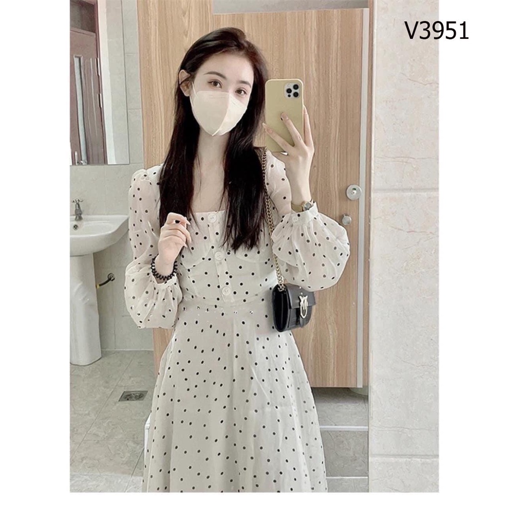 Váy maxi chấm bi cổ vuông cúc ngực tone nhẹ nhàng, hàn quốc thanh lịch V3951