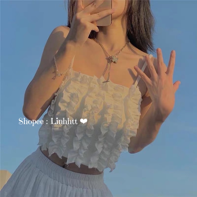 | Loại 1| Áo 2 dây gân ôm body croptop phối bèo áo dây dáng ngắn co dãn basic