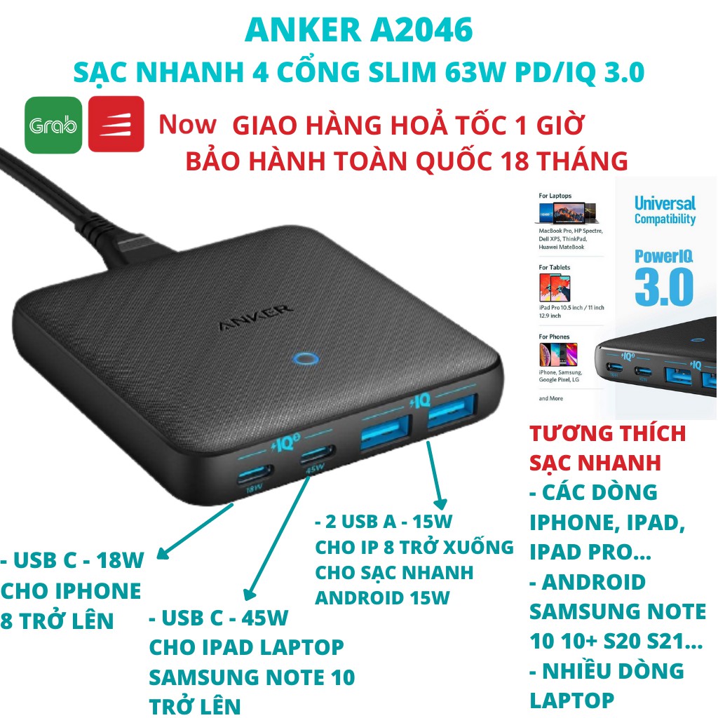 Củ sạc nhanh Anker A2046 63W 4 cổng PowerPort Atom III Slim cho IPhone 11 12 IPad pro Macbook Laptop Android