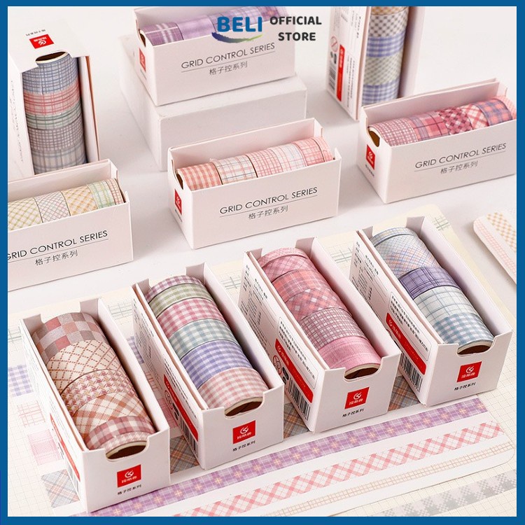 Hộp washi tape họa tiết kẻ caro cute 6 cuộn vintage xinh yêu dán sổ tay