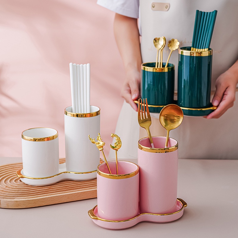 Ống Đựng Đũa - Giá Kệ Đồ Để Đũa,thìa,muỗng - Hũ Đựng Dao Kéo Bằng Sứ Viền Vàng Cao Cấp Phong Cách Bắc Âu