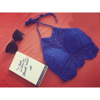 Áo yếm len móc xanh mặc đi biển nữ tính