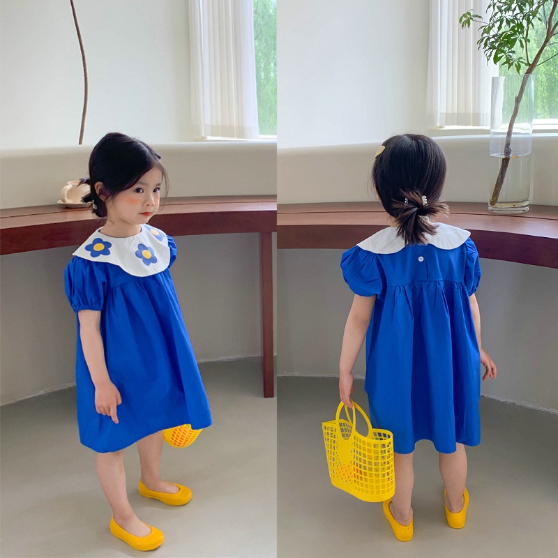 Đầm Công Chúa Tay Phồng Cổ Bẻ In Họa Tiết Hoa Dễ Thương Thời Trang Mùa Hè Cho Bé Gái