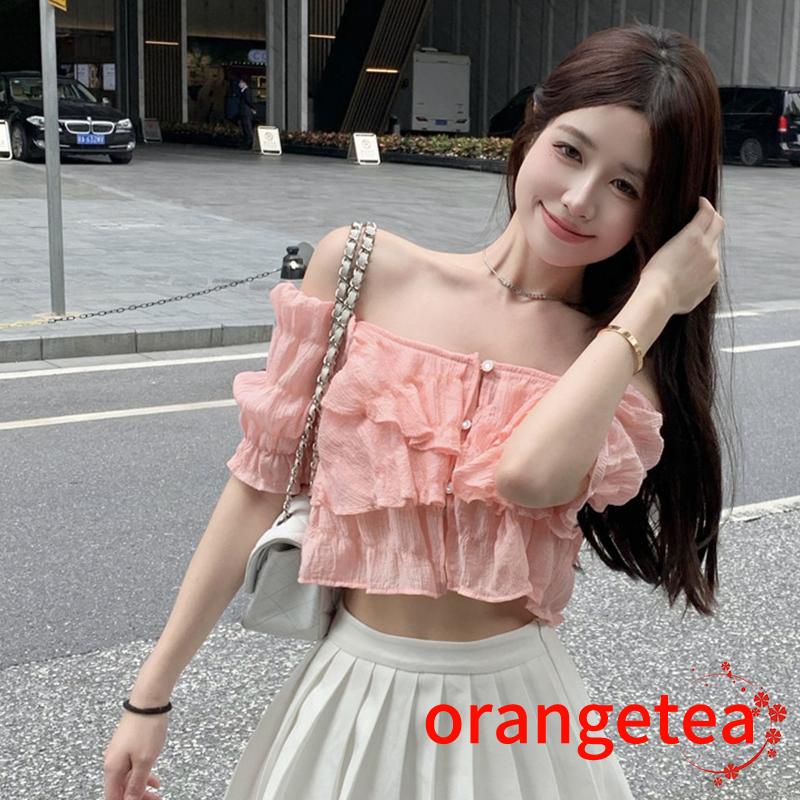 Áo Croptop Trễ Vai Tay Ngắn Màu Sắc Đơn Giản Cho Nữ