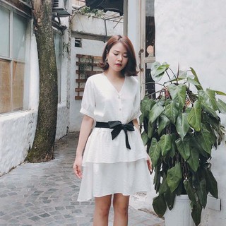 Đầm trắng nơ eo, đầm babydoll dáng suông siêu yêu Hiudin Dress