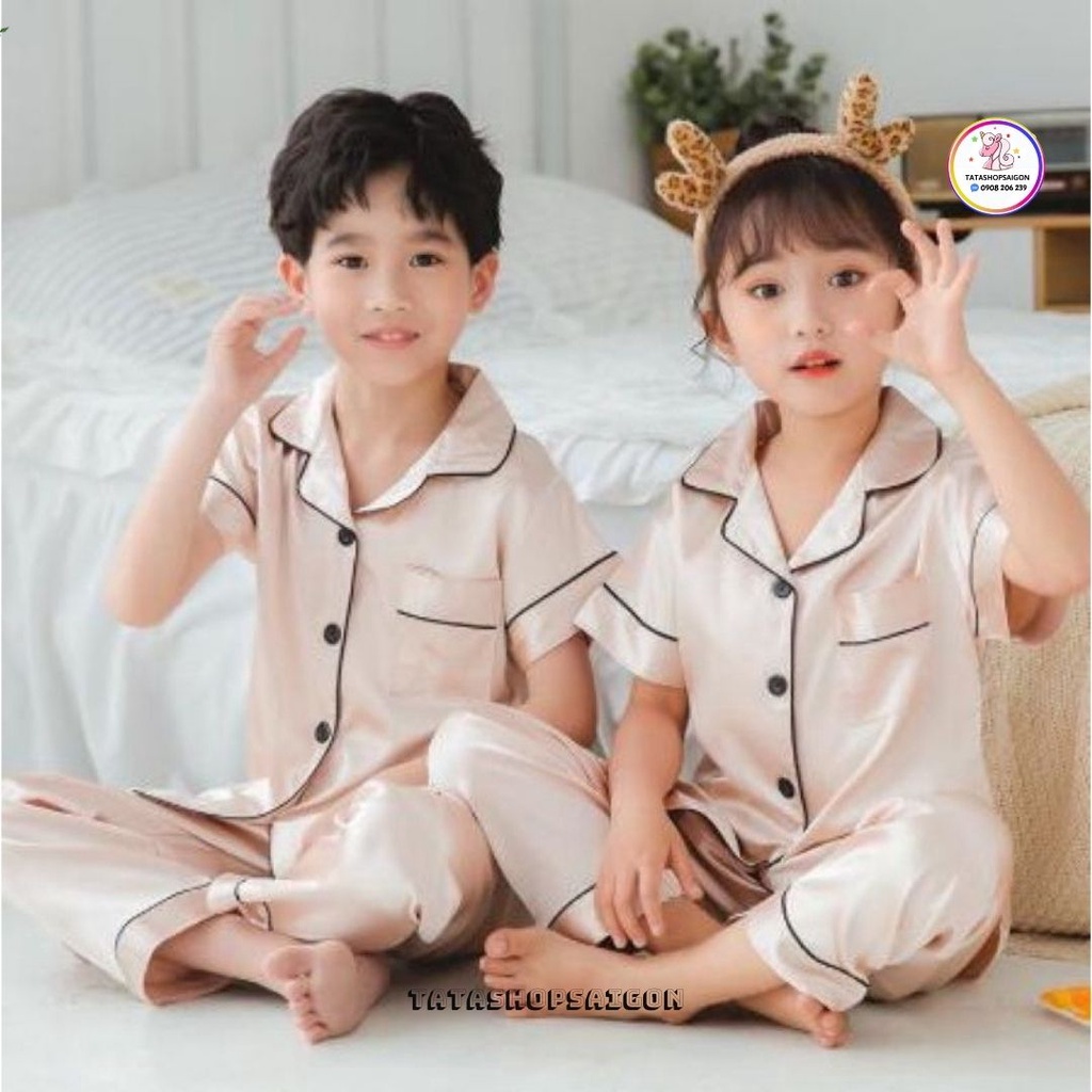 11-40kg Bộ pijama lụa phi bóng tay ngắn quần dài bé trai bé gái mặc đẹp cao cấp 083