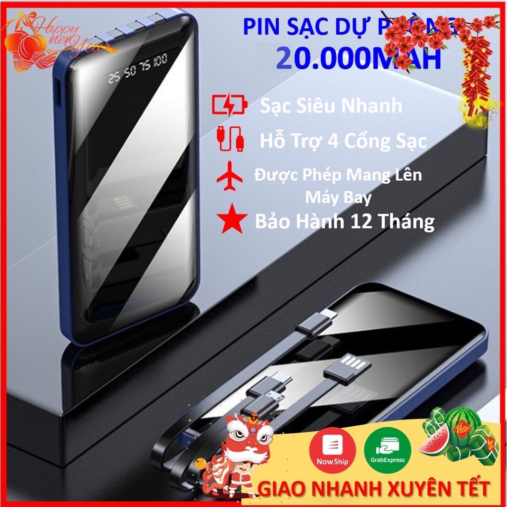 Sạc dự phòng YM276S 20.000mAh, Tích hợp 3 cáp sạc Micro, Lingtning, TypeC, 1 cáp USB