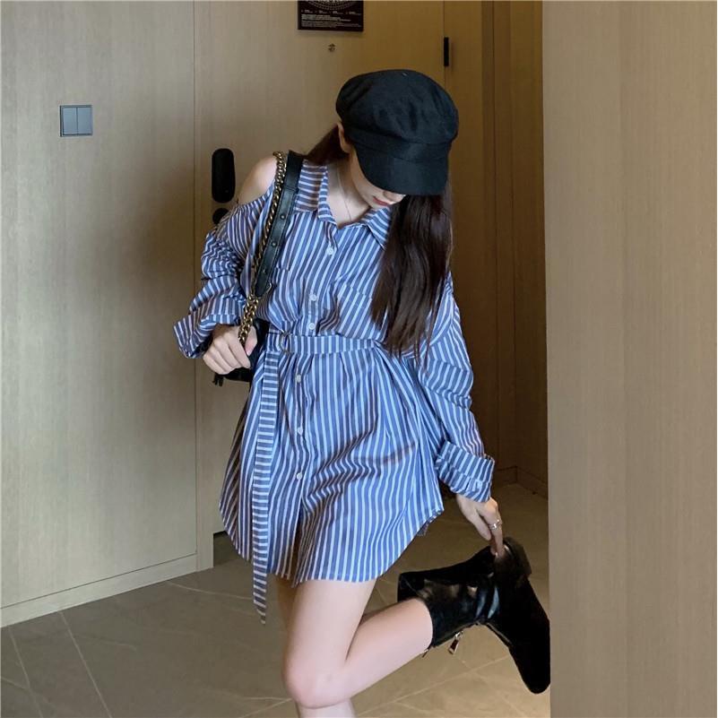 Áo Sơ Mi Dài Tay Hở Vai Họa Tiết Kẻ Sọc Phong Cách Retro Gợi Cảm Cho Nữ