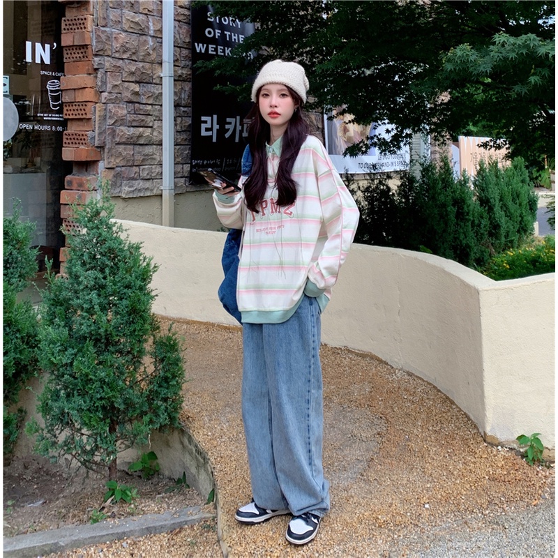 SUXI Áo Thun POLO Dài Tay Họa Tiết Kẻ Sọc Thời Trang Thu Đông Đơn Giản Cho Nữ