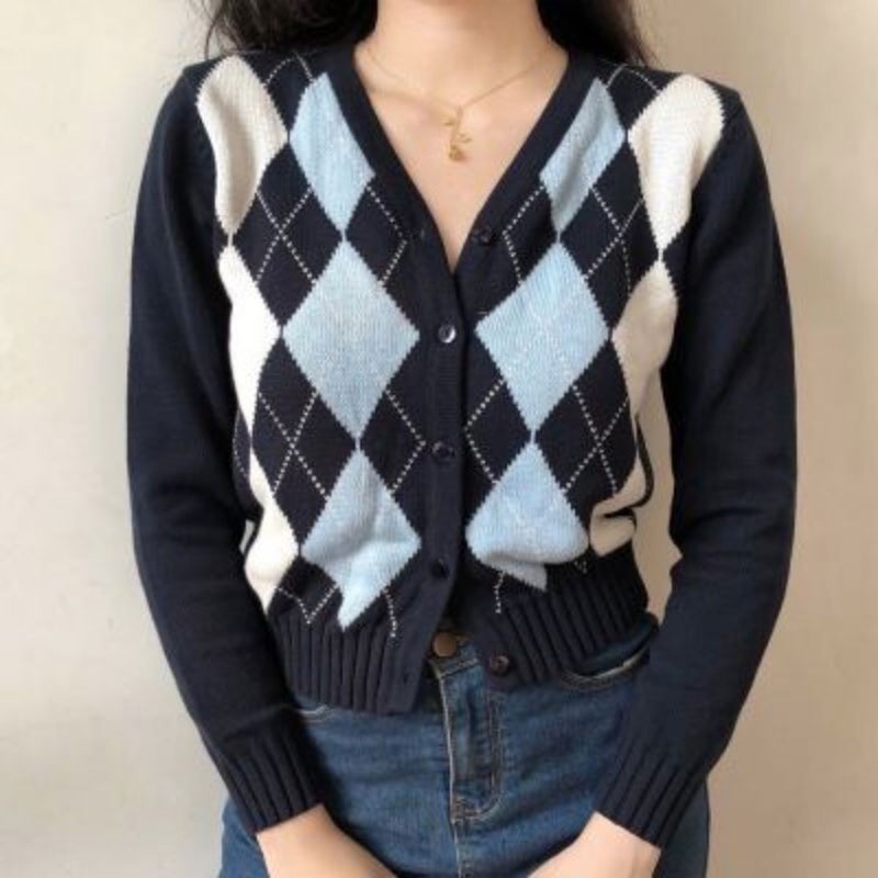 Áo khoác cardigan XINLANYASHE dệt kim tay dài cổ V in sọc caro phong cách vintage xinh xắn cho nữ áo len cổ trái tim nữ
