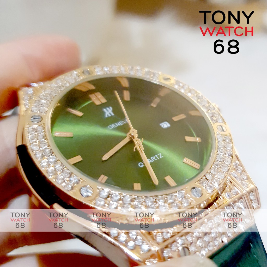 Đồng hồ nam Geneva dây cao su bọc da đính đá khóa thông minh chống nước | BigBuy360 - bigbuy360.vn
