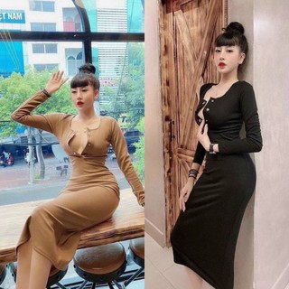 Đầm Nữ Tay Dài Cổ Nút Bấm 💥 FREESHIP 💥 Váy Body Form Dáng Dài Sang Chảnh LH112