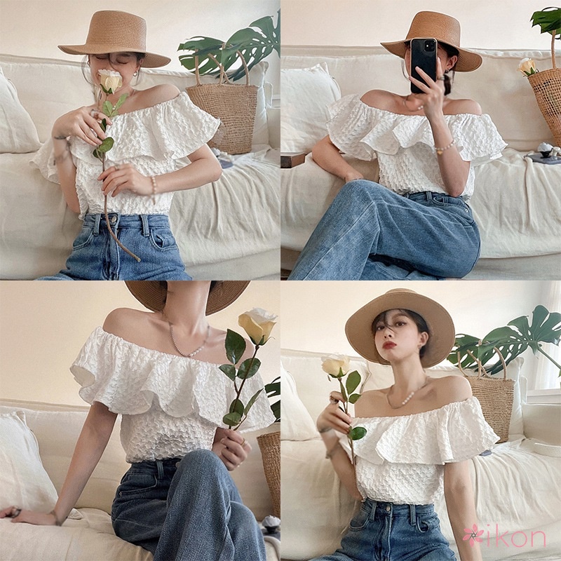 Áo Croptop Trễ Vai Tay Ngắn Màu Sắc Thanh Lịch