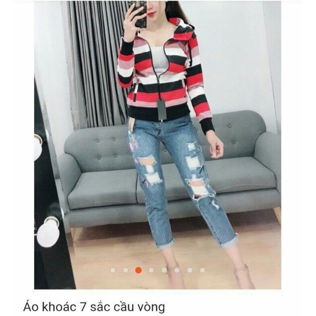 Áo khoác thun cotton da cá sọc cầu vồng. Có túi trong