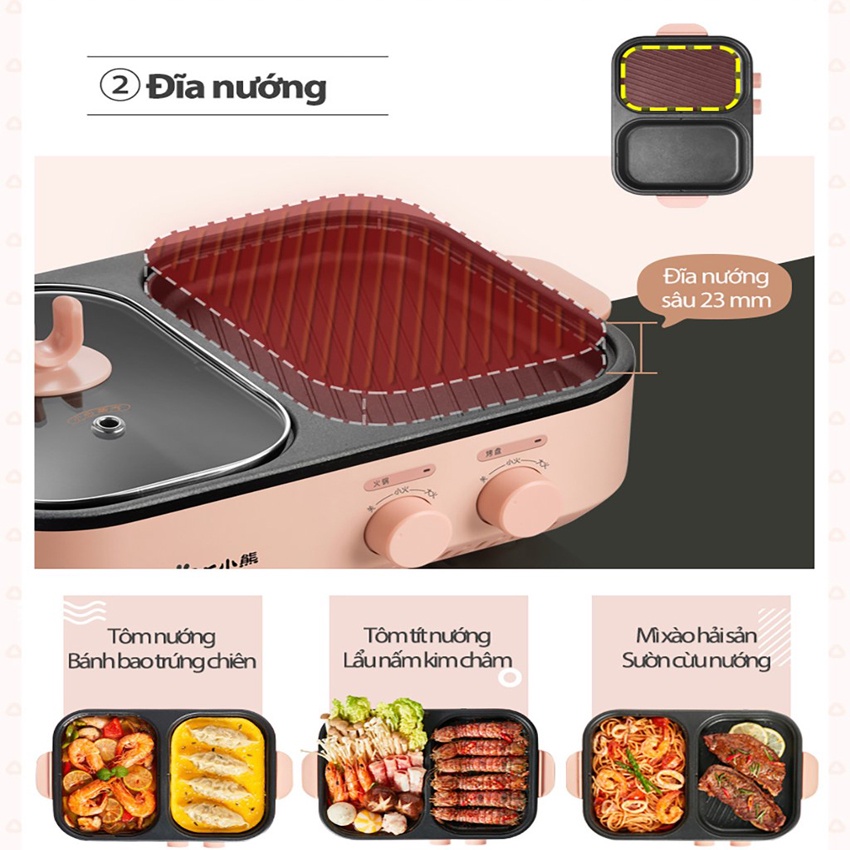 Nồi lẩu nướng mini Bear, bếp lẩu nướng 2 in 1, dung tích 1.5L 1200W, chống dính cao cấp – Hàng chính hãng BH 18 tháng