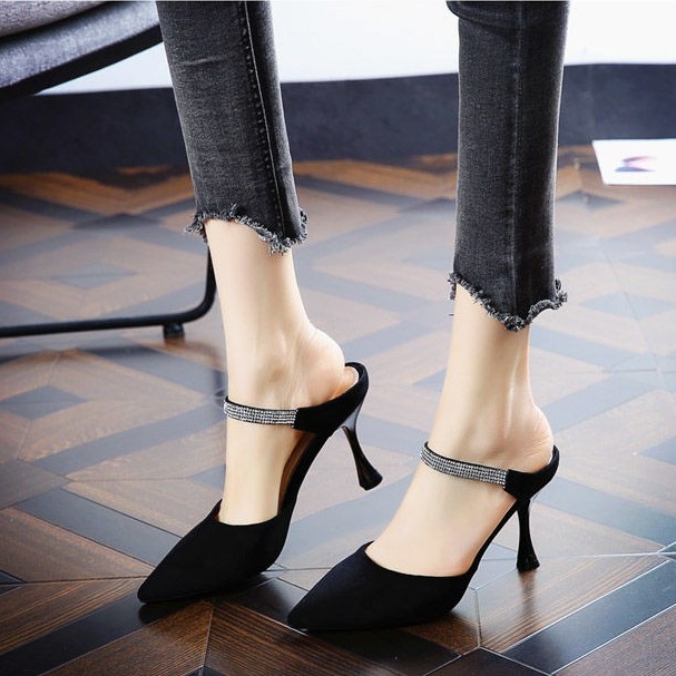 Giày, sandal cao gót BBC51 nữ 7P gót nhọn da lộn hở gót đính đá thời trang Hàn Quốc