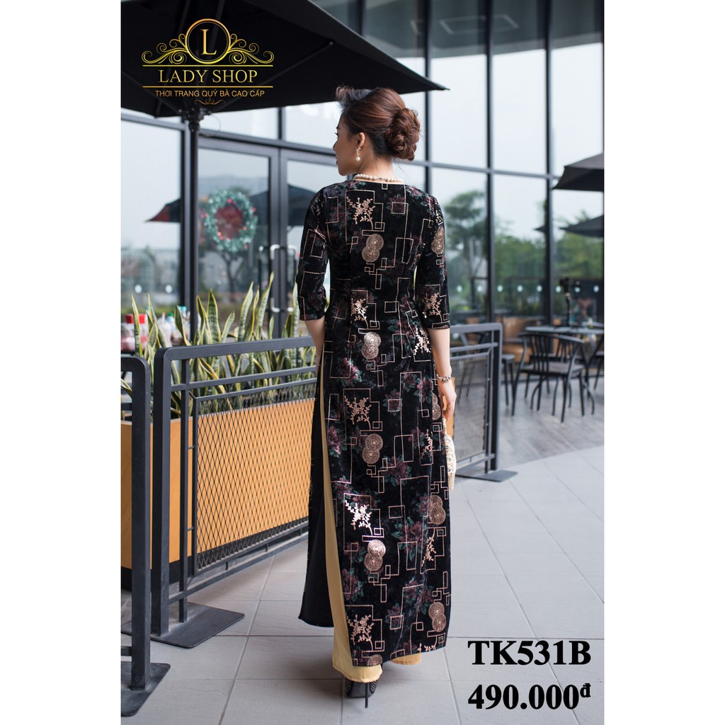 Áo dài trung niên thời trang quý bà cao cấp - Ladyshop - Áo dài nhung cổ hoa họa tiết ô vuông TK531