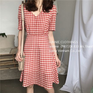 Váy xòe nữ, cổ chữ V họa tiết kẻ caro nữ tính - Sunnie clothings SUN04