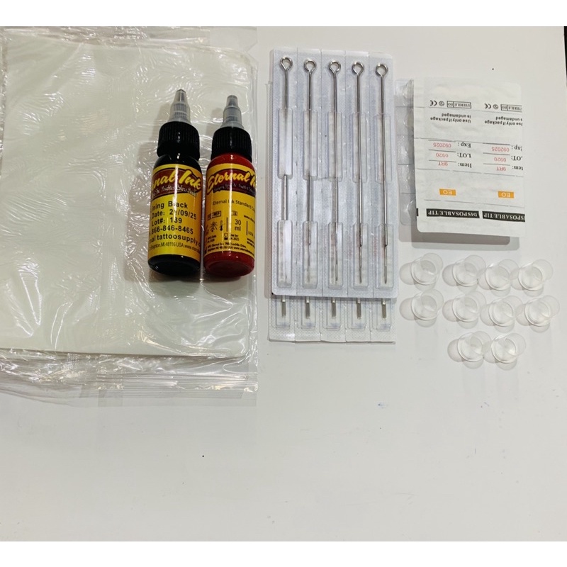 Combo 10 kim xăm + ngòi + 2 mực xăm + 2 da tập xăm