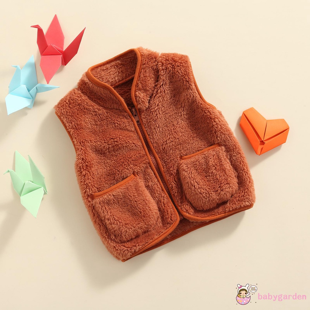 Áo khoác lông không tay cổ chữ V có túi và khóa kéo màu sắc trơn dành cho bé trai bé gái