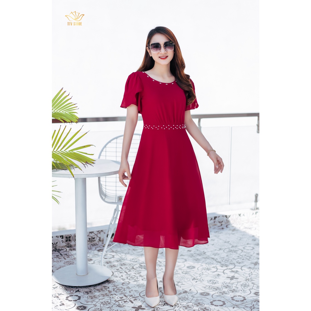 Đầm đính ngọc cao cấp form xoè cổ tròn đính ngọc đỏ đô TTV1061