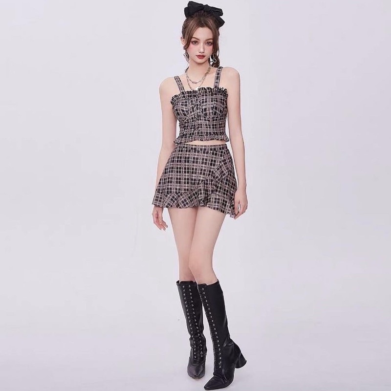Bikini 2 mảnh áo croptop  caro kèm mút ngực, quần váy kín đáo, bộ bơi, học bơi, đi biển Hàn Quốc mẫu mới siêu hot