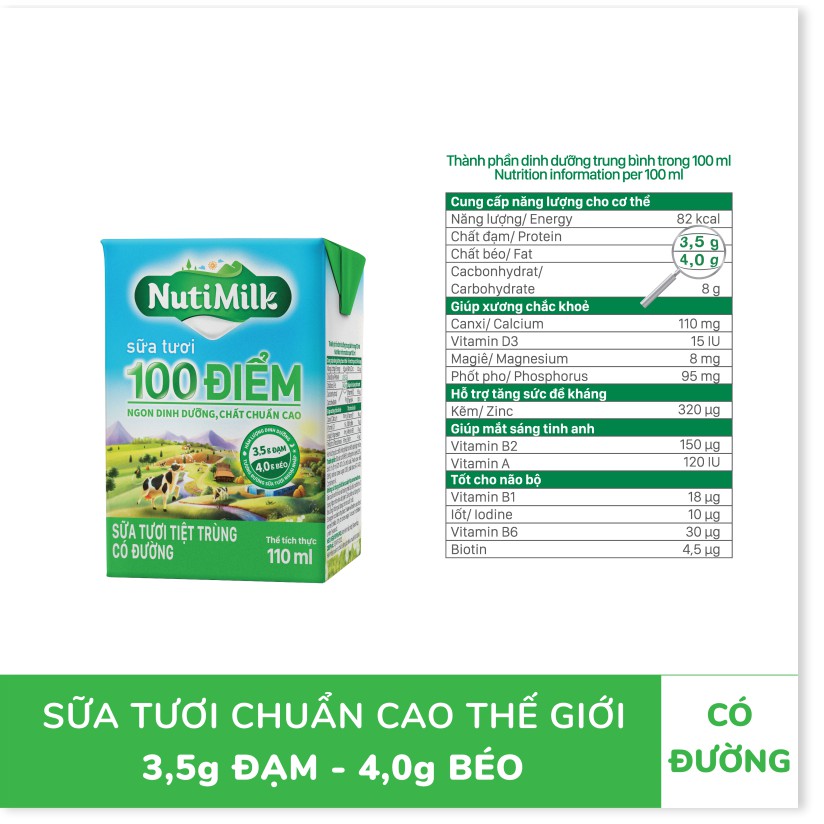 [BÉ KHỎE BÉ ĐẸP] NutiMilk Sữa tươi 100 điểm - Sữa tươi tiệt trùng Có đường 110ml - Thương Hiệu NUTIFOOD - YOOSOO MALL