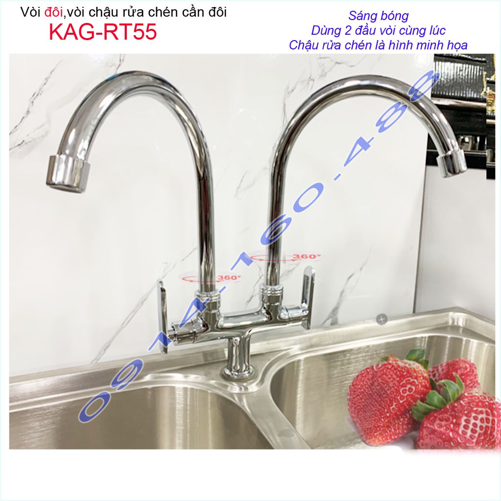 Vòi rửa chén đôi KAG-RT55, vòi chậu 2 hộc, vòi rửa chén bát lạnh 2 đầu vòi nước mạnh sử dụng tốt