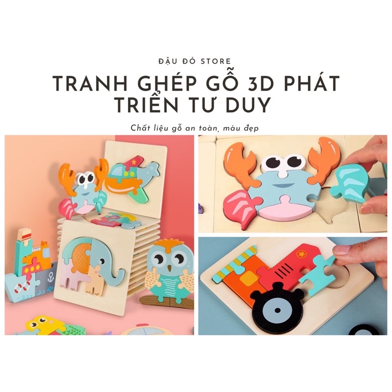 Tranh ghép hình gỗ nổi 3D hình con vật xe cộ cho bé - Đồ chơi xếp hình phát triển trí tuệ