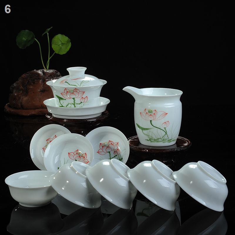 Bộ ấm trà sứ trắng kiểu Trung Quốc cao cấp Dehua cốc ngọc bích sơn vàng gia dụng pha bát có nắp