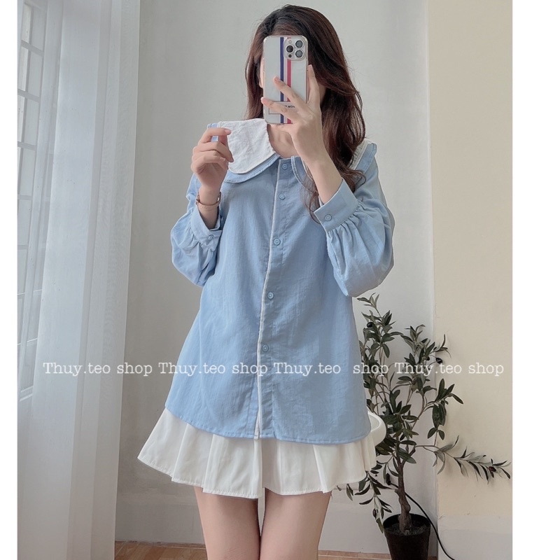 [Hàng sẵn] ÁO SƠ MI NỮ DÀI TAY PHA CỔ VIỀN CHẤT ĐŨI