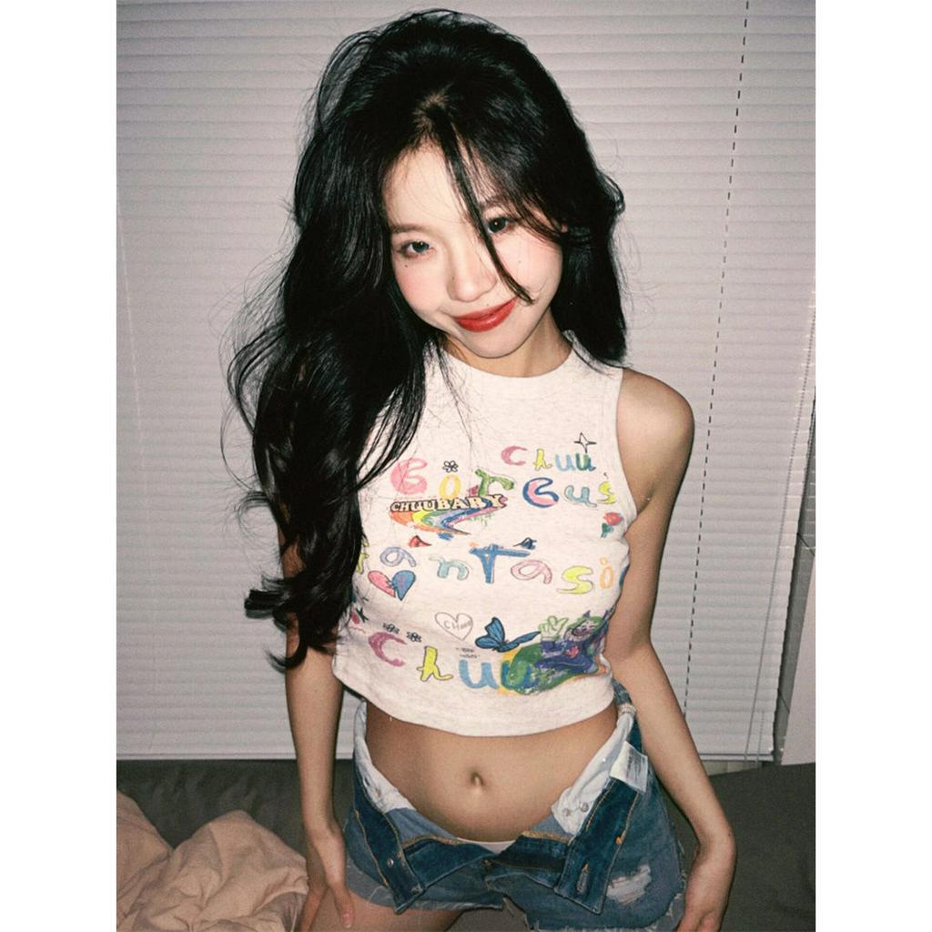 Cocory vn Áo tank top Không Tay Dệt Kim Ôm Dáng In Họa Tiết retro Mỹ Dành Cho Nữ