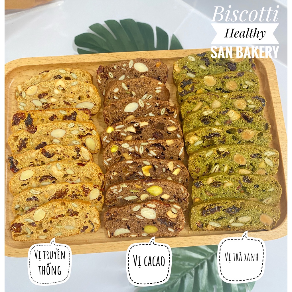 Bánh Biscotti Nguyên Cám Healthy 3 VỊ- Dành cho người ăn kiêng, giảm cân ( KHÔNG BƠ, SỬ DỤNG MẬT ONG & ĐƯỜNG THỐT NỐT)