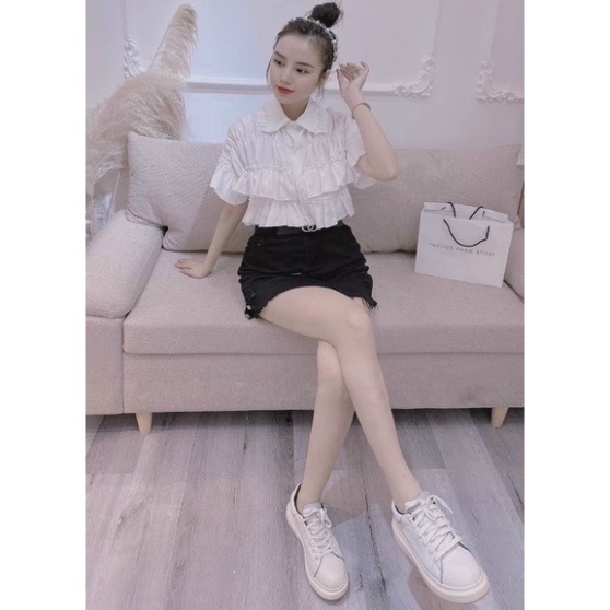 Áo sơ mi bèo tầng cổ đức đính ngọc cộc tay nội y xanh chất đẹp giá tốt