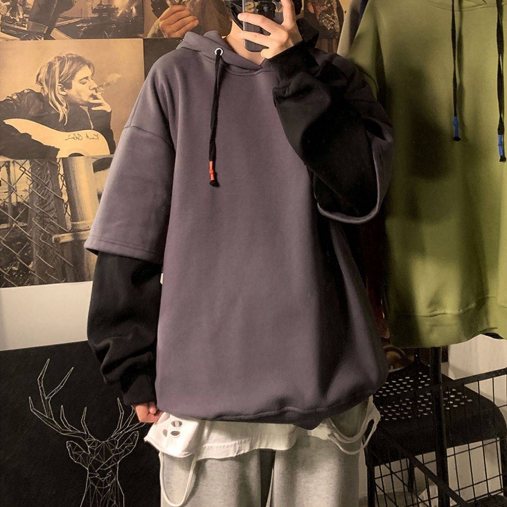 Áo hoodie Giả 2 Lớp Dày Dặn Dáng Rộng Phong Cách Hàn Quốc Thời Trang Thu Đông Cho Nam