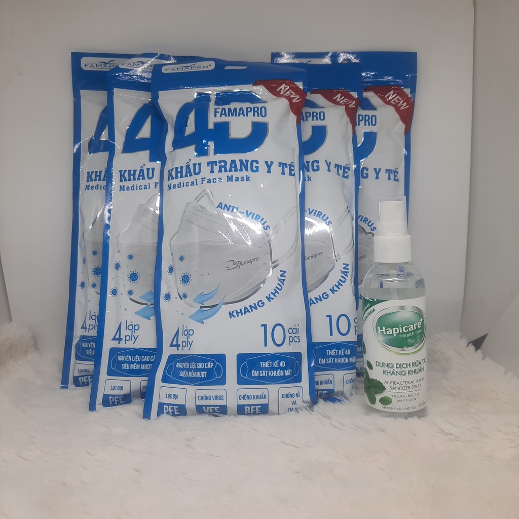 [COMBO 50+ 1] Chai xịt Khuẩn, khẩu trang 4D FAMAPRO (1 chai 100 ml + 50 cái khẩu trang loại xịn)