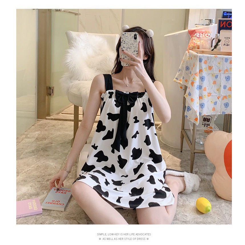 Váy Ngủ 2 dây Bò Sữa - Váy mặc nhà chất cotton mềm mát dễ thương V291