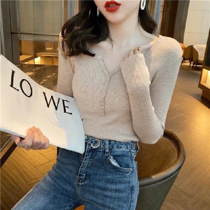 Áo Dệt Kim Tay Dài Cổ Chữ V Thời Trang Thu Đông Cho Nữ
